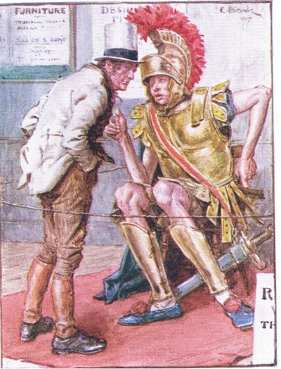 Doktor Marigold, wer ist der seltsame junge Mann, der um Ihre Wagen schleicht?, Illustration aus Dr. Marigolds Prescription, 1910 von Charles Edmund Brock