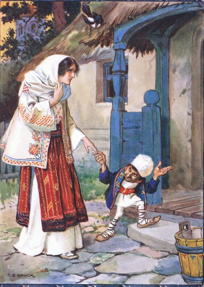 Der kleine Bruder Bit brachte seine schöne Braut in das Haus, das er für sie gebaut hatte, Szene aus Der kleine Bruder Bit in Kindererzählungen aus rumänischen Legenden von Moses Gaster von Charles Edmund Brock