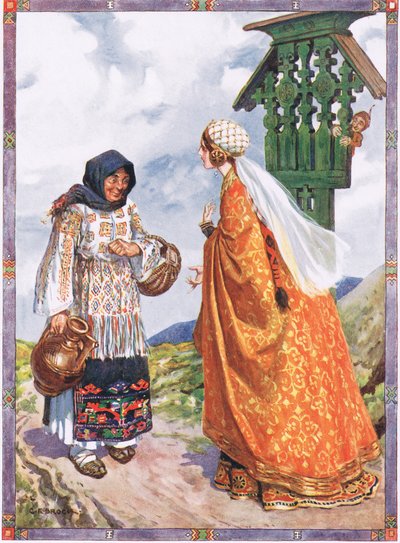 Die Prinzessin... bat sie, die Bauernkleider gegen ihre königlichen Gewänder zu tauschen, Szene aus Glück und Unglück in Kindererzählungen aus rumänischen Legenden von Moses Gaster von Charles Edmund Brock
