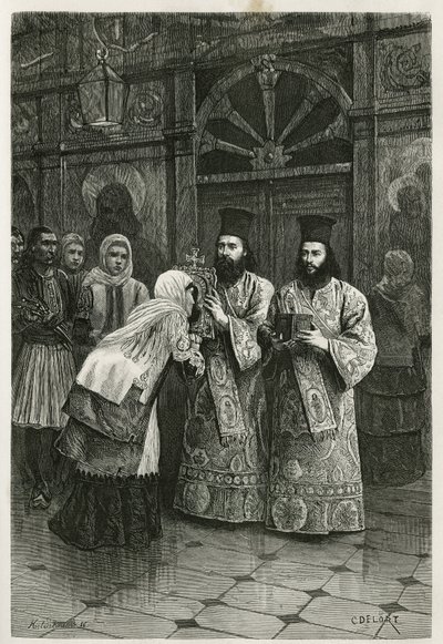 Priester geben den Heiligenbildern einen Kuss, Gravur von Ch. Delort, zur Illustration von Henri Belles Reise nach Griechenland in den Jahren 1861, 1868 und 1874, veröffentlicht in der Tour du monde, unter der Leitung von Edouard Charton von Charles Edouard Delort