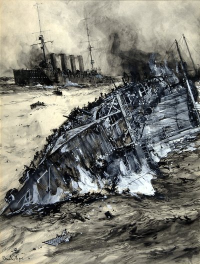 Versenkung der HMS Hogue, Cressy und Aboukir von Charles Edward Dixon