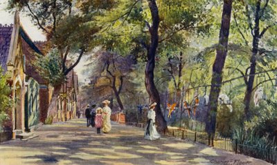Londoner Zoo: Papageien- und Elefantenhäuser (Farblithografie) von Charles Edwin Flower