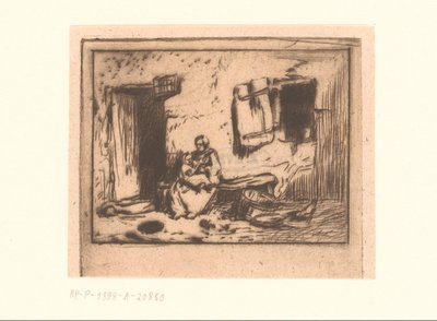 Frau mit Kind auf einer Bank an einer Fassade von Charles Emile Jacque (attributed to)