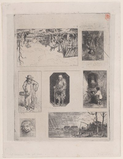 Bauernhoflandschaft a, Sitzender Bauer b, Bettler c, Bettler d, Kleiner Bettler e, Hea..., 1844 von Charles Emile Jacque