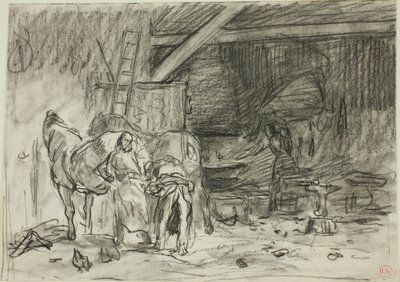 Innenansicht einer Schmiede (recto); Mann, der sich bückt, von hinten gesehen (verso) von Charles Emile Jacque