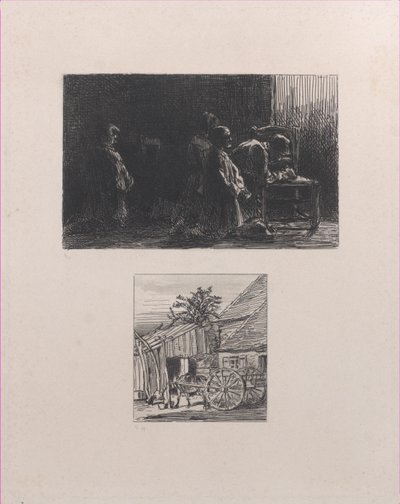 Gebet oben, Wagen vor einem Haus unten, 1845 von Charles Emile Jacque