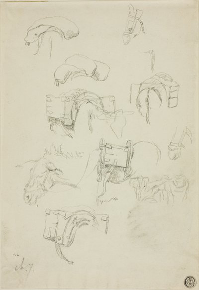 Blatt mit Skizzen: Details eines Esels und Ausrüstungen von Charles Emile Jacque