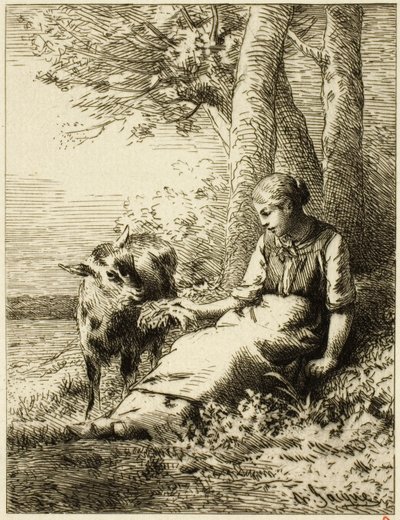 Hirte mit Schafherde am Waldrand von Charles Emile Jacque