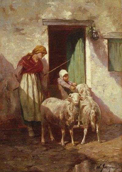 Hirtin mit einem Kind und zwei Schafen von Charles Emile Jacque