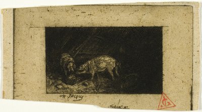Zwei Schweine fressen aus einem Trog von Charles Emile Jacque