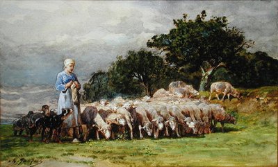 Eine Schäferin mit einer Schafherde von Charles Emile Jacques