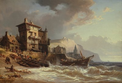 Boote an der Küste der Bretagne an Land ziehen, 19. Jahrhundert von Charles Euphrasie Kuwasseg