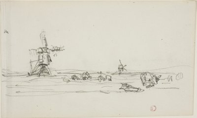 Landschaft in Holland (recto); Skizze von Windmühlen am Wasser (verso) von Charles Francois Daubigny