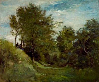 Landschaft mit Figuren, die auf einer Bank sitzen, späte 1870er von Charles Francois Daubigny