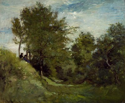 Landschaft mit Figuren, die auf einer Bank sitzen, späte 1870er Jahre von Charles Francois Daubigny