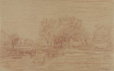 Landschaft mit grasenden und trinkenden Kühen und einem zuschauenden Stier von Charles Francois Daubigny