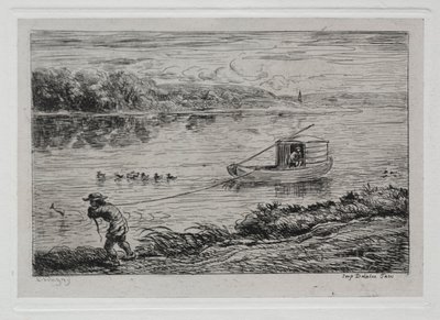 Die Bootsfahrt: Schiffsjunge zieht das Schleppseil oder Schleppen mit Seil von Charles Francois Daubigny