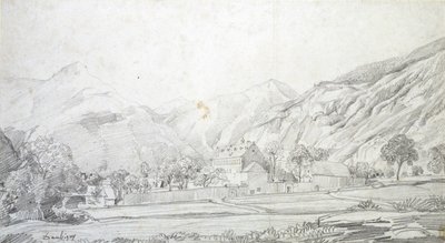 Ansicht von Gebäuden in einem ummauerten Gehege mit Bergen im Hintergrund, Mitte des 19. Jahrhunderts von Charles Francois Daubigny