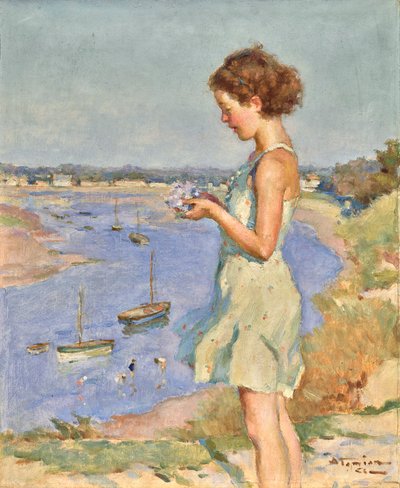 Junges Mädchen mit einer blauen Hortensie, Saint-Gilles-Croix-de-Vie von Charles Garabed Atamian