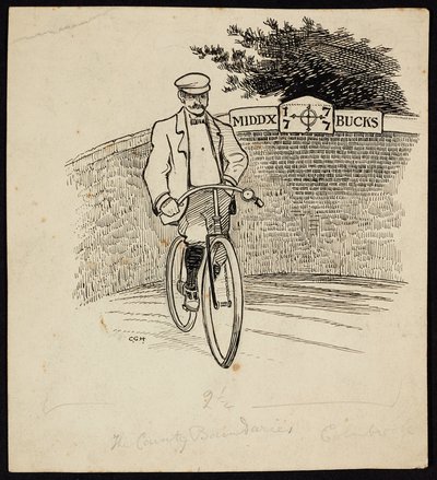 Ein Mann auf einem Fahrrad vor einem Schild, das die Kreisgrenze zwischen Middlesex und Buckinghamshire markiert von Charles George Harper