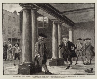 Die Kolonnade unter dem Rathaus, Rochester, Hogarth und die anderen Pilger spielen auf den Pflastersteinen Himmel und Hölle von Charles Green