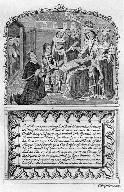 Earl Rivers überreicht sein Buch an König Edward IV, um 1477 spätes 18. oder frühes 19. Jahrhundert von Charles Grignion