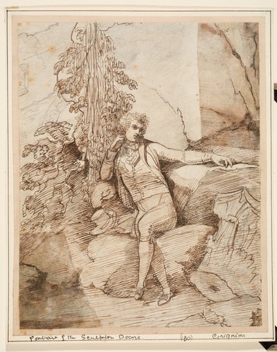 John Deare sitzt auf einem Felsen mit gekreuzten Beinen, vor Bäumen, mit seinem Zylinder neben sich von Charles Grignion