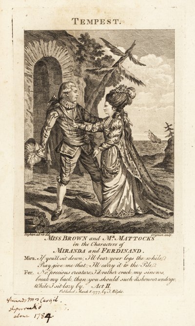 Miss Ann Brown und Mr. George Mattocks in den Rollen von Miranda und Ferdinand in einer Opernversion von William Shakespeares Der Sturm, Covent Garden Theatre von Charles Grignion