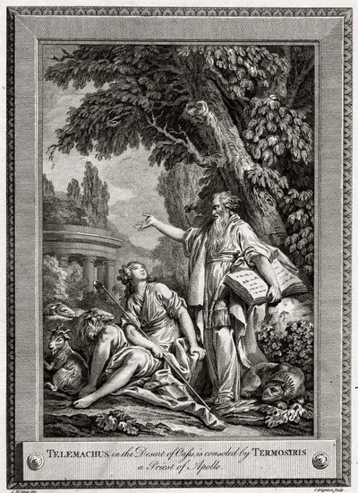 Telemachus in der Wüste von Oasis wird von Termosiris, einem Priester des Apollo, getröstet, 1774 von Charles Grignion