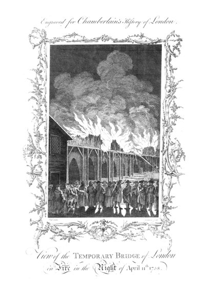 Ansicht der provisorischen Brücke von London in Flammen, 1758 von Charles Grignion