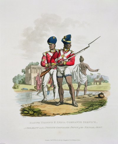 Einheimische Truppen im Dienst der Ostindien-Kompanie: ein Sergeant und ein Grenadier-Sepoy der Bengalischen Armee, graviert von Joseph Constantine Stadler, 1815 von Charles Hamilton Smith