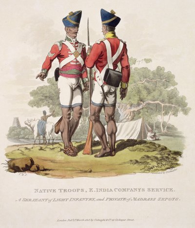 Einheimische Truppen im Dienst der Ostindien-Kompanie: ein Sergeant der leichten Infanterie und ein Soldat der Madras-Sepoys, graviert von Joseph Constantine Stadler, 1815 (Aquatinta) von Charles Hamilton Smith