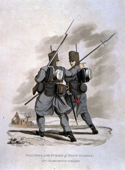 Soldaten des 1. Regiments der Fußgardisten in Marschordnung, aus 