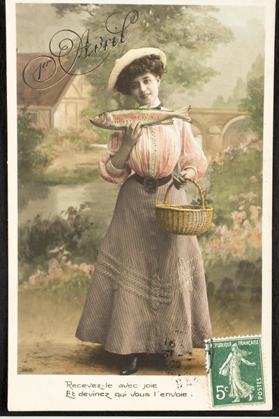 Alte Postkarte/Aprilfisch/Frau der Belle Époque von Augustus Kollner