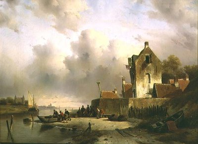 Ein Ästuar mit Fischern am Kai von Charles Henri Joseph Lieckert