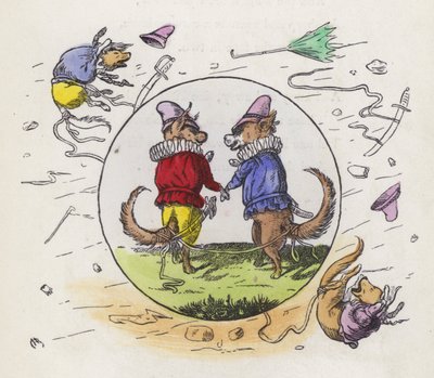 Zwei Hunde in Tudor-Kostümen bei einem Spaziergang an einem windigen Tag mit zusammengebundenen Schwänzen, um nicht weggeweht zu werden (farbige Gravur) von Charles Henry (after) Bennett