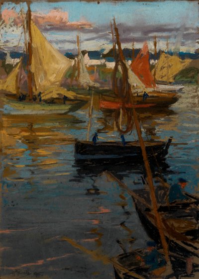 Ein Abendglühen mit einer Rosenspur im Schatten (Boote Concarneau) von Charles Henry Fromuth