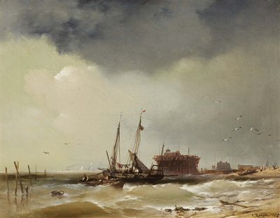 Fischerboote landen an einem Strand von Charles Hoguet