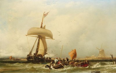 Holländische Küstenansicht mit Segelschiff und Booten von Charles Hoguet