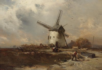 Landschaft mit Windmühle und dekorativen Figuren von Charles Hoguet