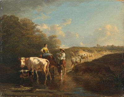 Hirtenpaar mit Tieren an einem Wasserloch von Charles Humbert