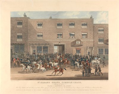 Steeplechasing [Satz von sechs]: St. Albans Grand Steeple Chase. / 8. März 1832. Platte 1. Vorbereitung zum Start ... von Charles Hunt