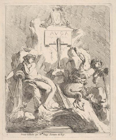 Entwurf für einen Brunnen mit einer sitzenden Nymphe links und einem Triton, der eine Muschel an seinen Mund hält, 1768 von Charles Hutin