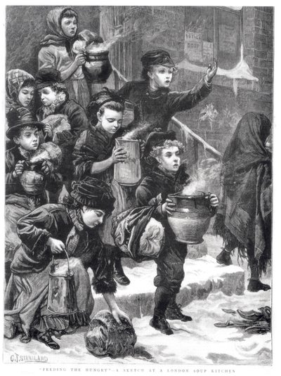 Die Hungrigen füttern, eine Suppenküche in London, 1880 von Charles J. Staniland