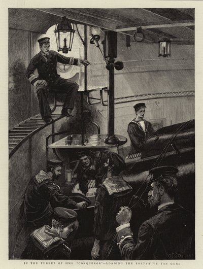 Im Turm der HMS Conqueror, das Laden der Fünfundvierzig-Tonnen-Kanonen von Charles J. Staniland