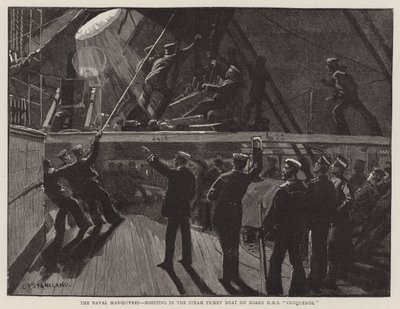 Die Marine-Manöver, Einholen des Dampfpickboots an Bord der HMS Conqueror von Charles J. Staniland