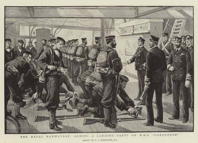 Die Marine-Manöver, Bewaffnung einer Landungstruppe auf der HMS Conqueror von Charles J. Staniland