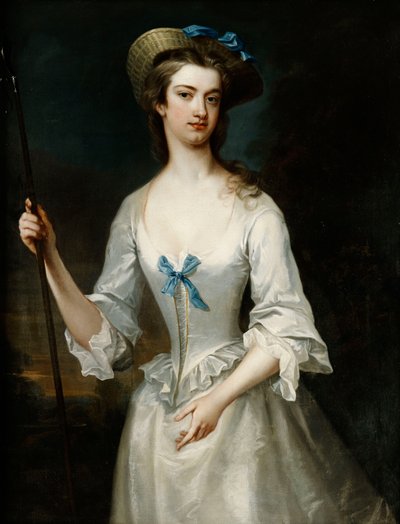 Porträt einer Dame, möglicherweise die Herzogin von Ancaster, dreiviertel Länge, als Schäferin, in einem weißen Satinkleid und Hut, in einer Landschaft von Charles Jervas