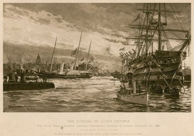 Das Begräbnis von Königin Victoria. Die königliche Yacht Alberta, die den Körper der Königin trägt, fährt bei Sonnenuntergang in den Hafen von Portsmouth ein von Charles John de (after) Lacy