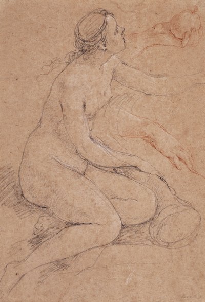 Eine Nymphe, die sich auf ein Füllhorn stützt, und Nebenskizzen ihrer Hände, eine hält einen Apfel von Charles Joseph Natoire